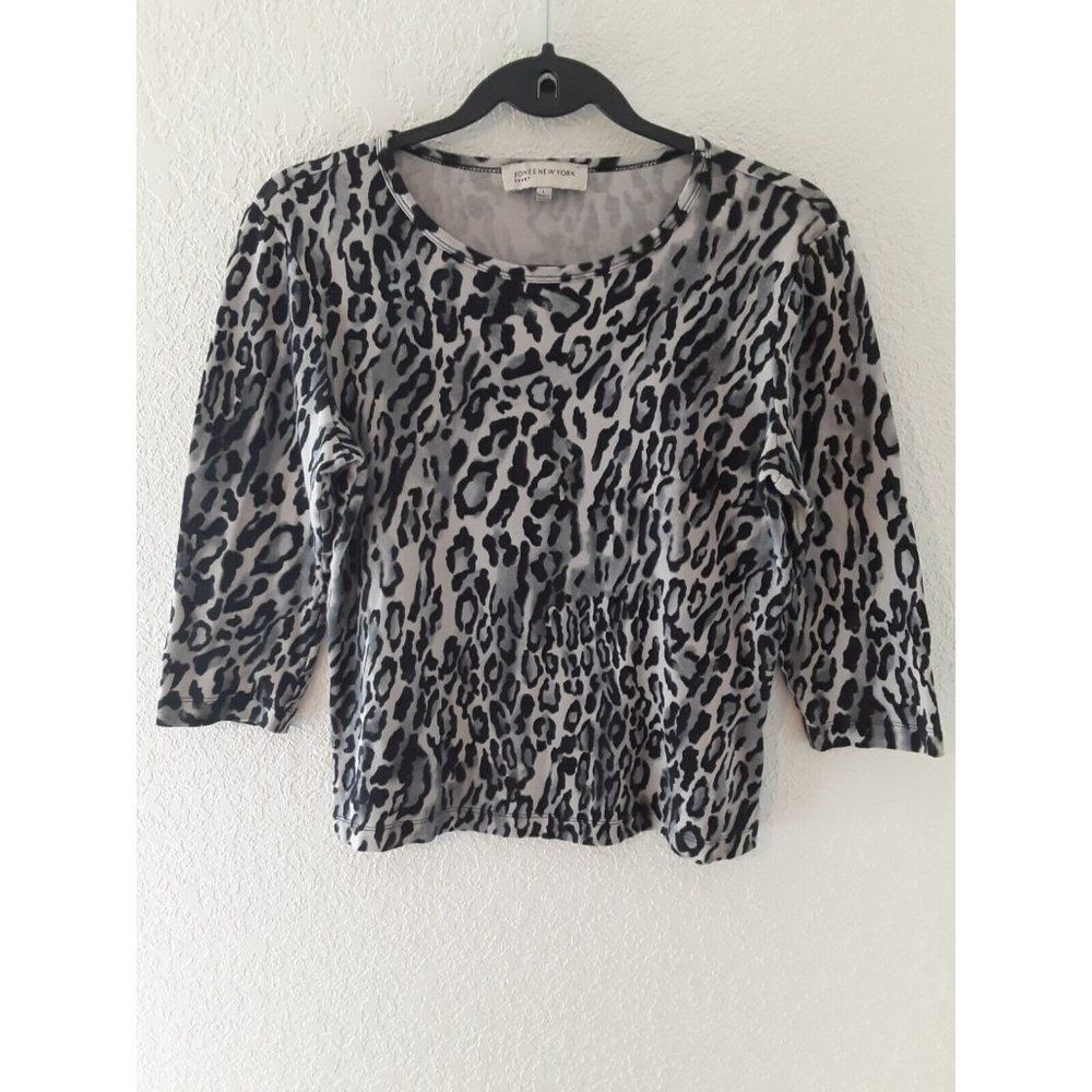 JONES NEW YORK Women's Top Shirt Size L black gray animal print 3/4 sleeves